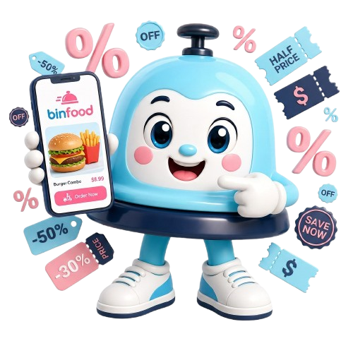 Mascote da Bin oferecendo desconto